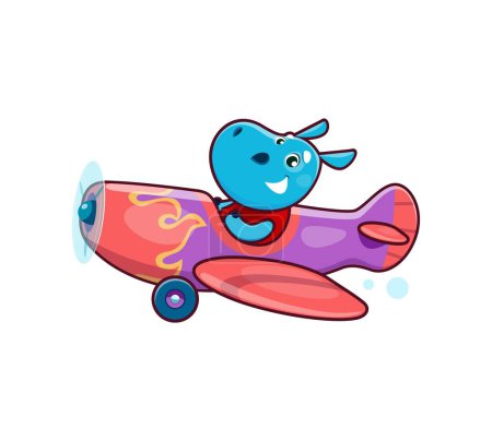 Illustration for Cartoon hippo animal character on plane. Animal kid airplane pilot navigates the skies with an adventurous spirit, ready for high-flying adventures. Cute hippopotamus personage for baby shower card - Royalty Free Image