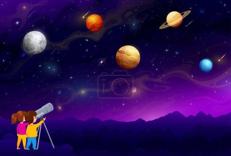 Illustration for Boy and girl kids looking in telescope at night sky to space planets and galaxy sky, vector background. Astronomy and planetary observation poster with outer space, cosmic planets of saturn and moon - Royalty Free Image