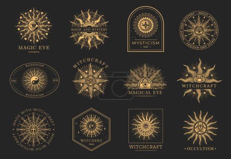 Illustration for Occult, witchcraft and magic icons or symbols. Esoteric signs, tarot cards arcana, witchcraft or mason occult outline vector signs set with sun, All-Seeing Eye, yin and yang symbols, egyptian ankh - Royalty Free Image