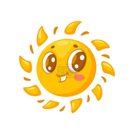 Téléchargez les illustrations : Dessin animé personnage de soleil kawaii avec sourire sur le visage drôle, emoji ou icône vectorielle emoticon. Mignon soleil du matin avec des rayons de soleil jaunes souriant pour bébé ou enfants comique ensoleillé joyeux soleil emoji - en licence libre de droit