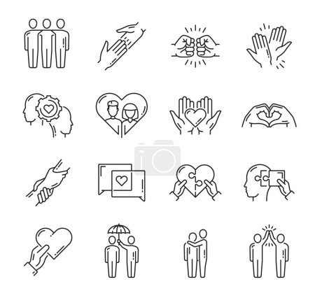 Illustration for Help, support, friendship, love and community icons with vector line hands, hearts, heads and people figures. Social, friends and family relationship, help, trust and respect isolated symbols - Royalty Free Image