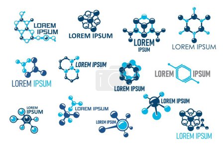 Téléchargez les illustrations : Icônes moléculaires de la technologie des sciences vectorielles, la médecine, la chimie et la recherche en biologie. Structure moléculaire avec grille d'atomes bleus symboles isolés, modèles de formules moléculaires pour emblèmes et icônes modernes - en licence libre de droit