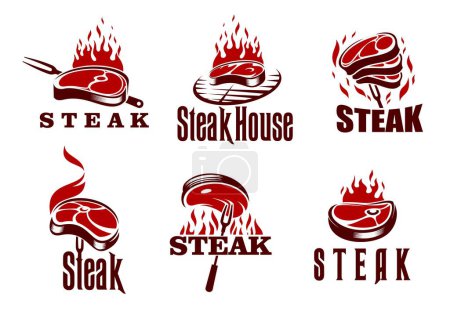 Steak grill icons, barbecue isolated vector emblems. Restaurant or steak house identity labels with grilled piece of meat, flaming fire, grid and fork. Bbq party symbols, set of vintage retro badges