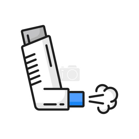 Illustration for Allergy or asthma treatment inhaler color line icon. Respiratory disease medicines or medicament for allergy or bronchitis treatment outline vector symbol. Breathing problem pictogram with inhalator - Royalty Free Image