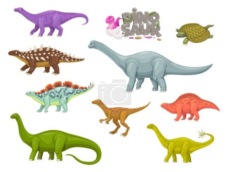 Ilustración de Personajes de dinosaurios de dibujos animados. Era jurásica animal extinto, paleontología cómic vector reptil. Eoraptor, Henodus, Lotosaurus y Melanorosaurus, Shunosaurus, Haplocanthosaurus personajes de dinosaurios divertidos - Imagen libre de derechos