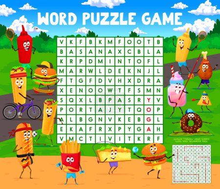 Illustration for Word search puzzle game. Cartoon fast food characters on sport vacation. Word search quiz vector worksheet with burger, burrito, hotdog and french fries, cake, donut personage on yoga and playing ball - Royalty Free Image