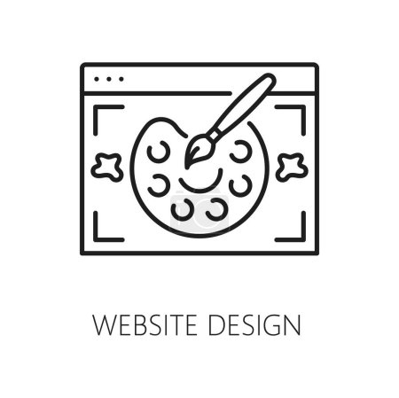 Illustration for Website design, web audit icon for webpage search results optimization and performance, vector outline pictogram. SEO or content marketing icon of website design for web search results optimization - Royalty Free Image