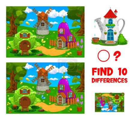 Illustration for Find ten differences of cartoon fairytale house buildings, kids game quiz or vector puzzle. Fairy tale dwellings and gnome or fairy houses in cabbage, eggplant and mill on kids puzzle worksheet - Royalty Free Image