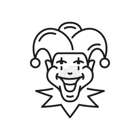 Illustration for Joker face casino line icon, medieval jester in hat with bells. Vector funny clown, comic circus character, fool or blackjack personage - Royalty Free Image
