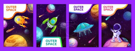 Illustration for Cartoon space posters and banners with galaxy planets, alien UFO spaceship and stars, vector backgrounds. Spaceman in galaxy outer space with rocket shuttles and galactic spacecraft in universe - Royalty Free Image