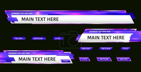 Illustration for Lower third header, headline and news bar, TV banners. Online media live show text banner, television broadcast vector bar template or TV channel lower third screen tag. Breaking news title overlay - Royalty Free Image