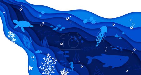 Téléchargez les illustrations : Papier de mer couper paysage avec des vagues d'eau et des silhouettes animales. 3d vecteur fond du monde sous-marin avec une gamme diversifiée de créatures marines, baleine, tortue, poissons ou méduses dans le style de coupe de papier - en licence libre de droit