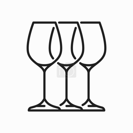 Téléchargez les illustrations : Verre vin ligne icône de l'art. Restaurant symbole de fête alcoolique. Boissons contour des verres en rangée, produits de cave romantique, verres à vin verrerie - en licence libre de droit
