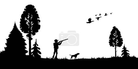 Illustration for Hunting silhouette. Hunter with shotgun, dog and duck flock. Forest hunting scene, animal hunter sport or bird shooting hobby vector backdrop, duck hunt season wallpaper or background - Royalty Free Image