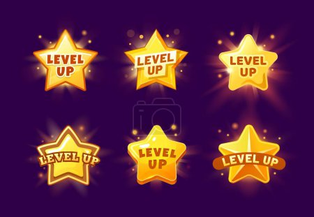 Illustration for Game level up reward star rate icons. Vector golden glowing cartoon stars. Casino bonus, rank reward, victory, success achievement award trophy, ui or gui mobile app winner surprise gift popup element - Royalty Free Image