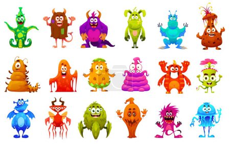 Ilustración de Dibujos animados divertidos personajes monstruo. Criaturas espeluznantes, monstruos cómicos de fantasía o extraterrestres espacio lindo alegre personaje vectorial aislado o colección de mascotas con tentáculos, cuernos, alas y cuerpos de limo - Imagen libre de derechos