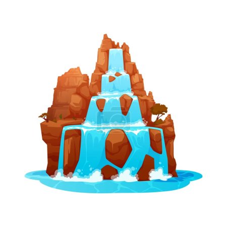 Illustration for Cartoon wild west waterfall and water cascade. Mountain stream game design vector asset, rainforest river cascade or canyon water flow environment element. Park waterfall scene with trees on rock - Royalty Free Image