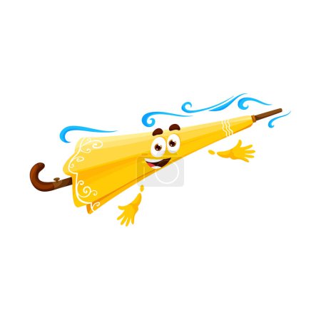 Illustration for Cartoon yellow umbrella character. Humorous vector parasol with smiling face and wind blowing flows. Isolated caricatured umbel for weather forecast, game, emoticon giving positive emotions and smile - Royalty Free Image