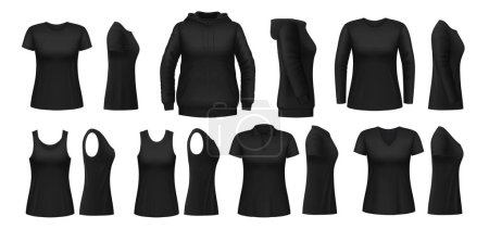 Illustration for Black woman shirt, hoodie and polo mockups, vector female sport and uniform clothes. Realistic 3d women sleeveless top tank, long sleeve t-shirt, sweatshirt, hoodie and polo, front and side view - Royalty Free Image