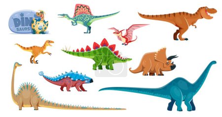 Illustration for Comical dinosaurs cartoon personages. Spinosaurus, Tyrannosaur, Velociraptor and Stegosaurus, Triceratops, Diplodocus, Brontosaurus and Pterodactyl, Ankylosaurus dinosaurs vector comical characters - Royalty Free Image