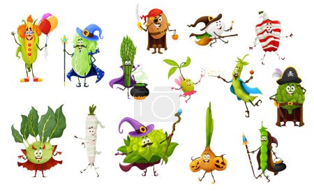 Illustration for Cartoon Halloween vegetable characters in holiday costumes, vector corn and cabbage witch. Halloween funny vegetables, spooky potato pirate, onion with pumpkin lantern, radish zombie and corn clown - Royalty Free Image