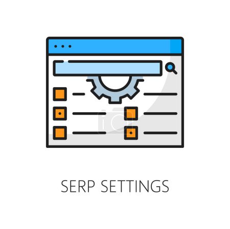 Ilustración de SERP configuración icono de la página de resultados del motor de búsqueda, marketing web y optimización de publicidad en Internet, vector de línea. Configuración de SERP pictograma del panel del sitio web del usuario para la gestión de contenido de medios digitales - Imagen libre de derechos
