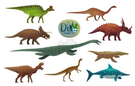 Illustration for Cartoon dinosaurs, ancient reptiles characters. Prehistoric reptile vector personages. Mussaurus, Elaphrosaurus, Avaceratops and Corythosaurus, Lambeosaurus, Styracosaurus dinosaurs characters - Royalty Free Image