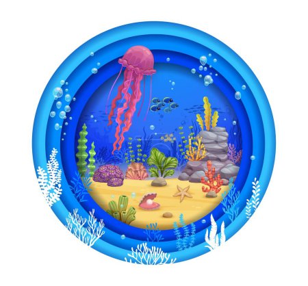 Illustration for Cartoon jellyfish, fish shoal and sea paper cut, vector underwater landscape in papercut background. Ocean undersea life of coral reef in water paper cut art, underwater world jellyfish and seashells - Royalty Free Image