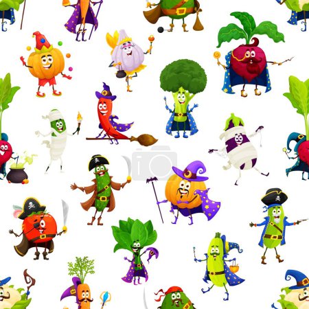 Illustration for Cartoon Halloween vegetable characters seamless pattern. Wrapping paper print vector pattern with garlic fairy, broccoli sorcerer, beet mage, cucumber and tomato pirate, eggplant zombie cute personage - Royalty Free Image