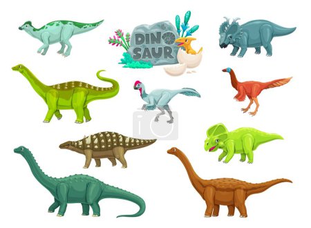 Illustration for Cartoon dinosaurs ancient reptiles cute characters. Extinct reptiles funny vector personages. Jaxartosaurus, Magyarosaurus, Elmisaurus and Garudimimus, Pachyrhinosaurus, Struthiosaurus dinosaur mascot - Royalty Free Image