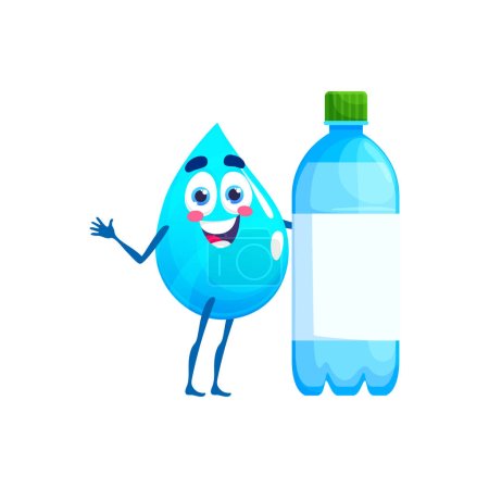 Illustration for Cartoon happy water drop character with bottle. Pure water drop, blue droplet or natural aqua drip isolated vector cute mascot. Clean liquid drop cheerful and comical personage with plastic bottle - Royalty Free Image