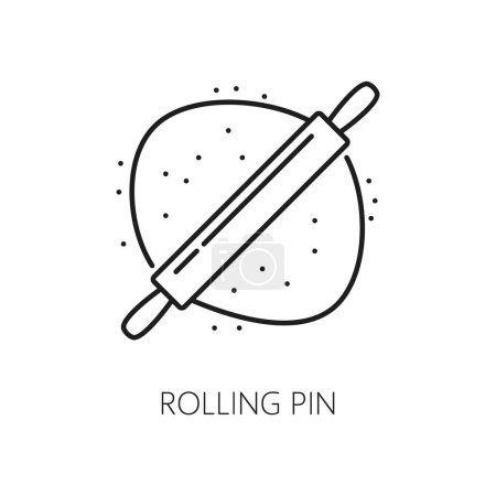 Illustration for Wooden rolling pin and dough isolated outline icon. Vector wheat dough for pizza or bread and pin, bakery food product, homemade pie - Royalty Free Image