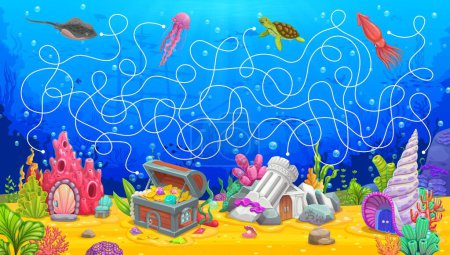Illustration for Underwater labyrinth maze, help to animals find own house building, vector puzzle game. Cartoon jellyfish, turtle and stingray with squid to find way to sea or ocean dwellings in underwater labyrinth - Royalty Free Image