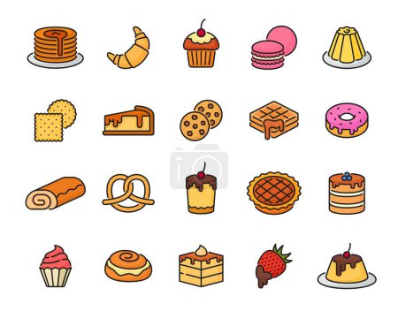 Illustration for Dessert and bakery color line icons. Cake, pancakes, waffles, croissant and jelly pudding, donut, cracker cookies, macaron and pretzel sweet pastry, confectionery and bake outline pictograms set - Royalty Free Image
