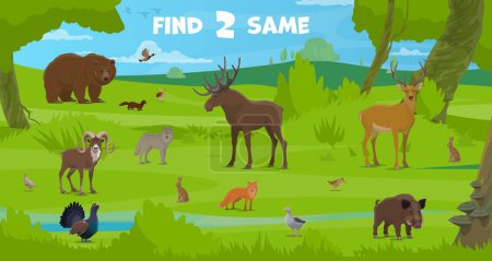 Illustration for Find two same forest hunting animals on kids game worksheet, vector puzzle quiz. Wild bear, wolf and elk with deer, fox, hare and boar on hunt puzzle quiz to find two same objects on riddle game - Royalty Free Image