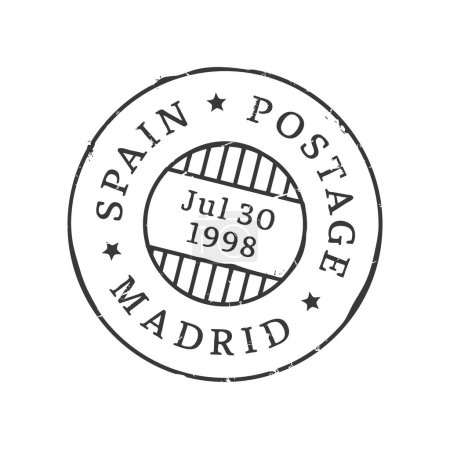 Illustration for Madrid postage and postal stamp. Postcard, letter or parcel town postal seal, European country departure region or city aged vector imprint or mail delivery Spain Madrid postmark - Royalty Free Image