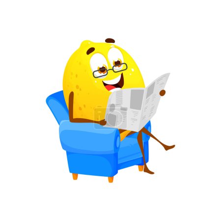 Téléchargez les illustrations : Cartoon personnage de citron lecture journal assis dans un fauteuil confortable. Vecteur isolé détendu agrumes lunettes porter tranquillement lire des articles imprimés et des nouvelles publications dans les médias de presse - en licence libre de droit