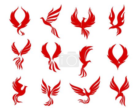 Illustration for Red phoenix bird icons, firebird flying on fire flame wings, vector corporate emblems. Phoenix or creative falcon, hawk and eagle bird silhouette symbols for fashion brand or luxury boutique label - Royalty Free Image