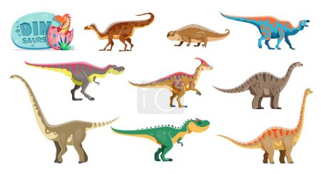 Illustration for Cartoon dinosaurs isolated funny characters. Plateosaurus, Hyperodapedon, Tarbosaurus and Parasaurolophus, Vulcanodon, Omeisaurus, Allosaurus and Brachiosaurus, Iguanodon dinosaurs vector personages - Royalty Free Image