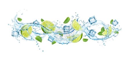 Illustration for Realistic mojito drink splash with water wave, ice cubes, lime and mint leaves. Refreshing cold cocktail, mojito with ice, green leaves and transparent liquid wave vector splash fizz or jet ripples - Royalty Free Image