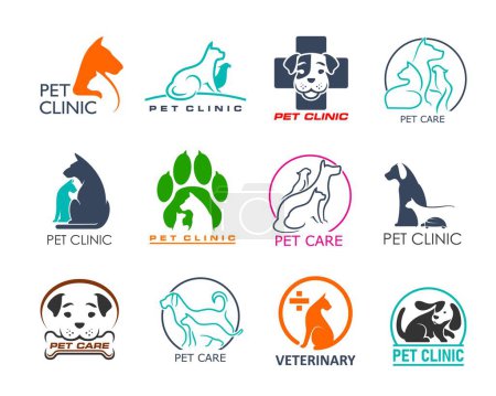 Illustration for Pet clinic icons of veterinary medicine with vector animals and birds. Dog, cat and parrot with paw and medical cross silhouettes. Veterinarian care, vet hospital, pet shop and clinic emblems set - Royalty Free Image