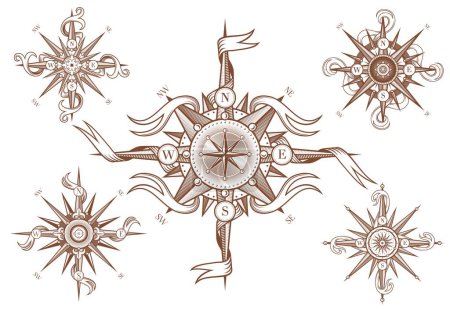 Illustration for Vintage wind rose compass with medieval antique ribbons. Sea and ocean navigation direction sign, nautical cartography latitude or marine expedition wind rose sketch vector symbol, engraved emblem - Royalty Free Image