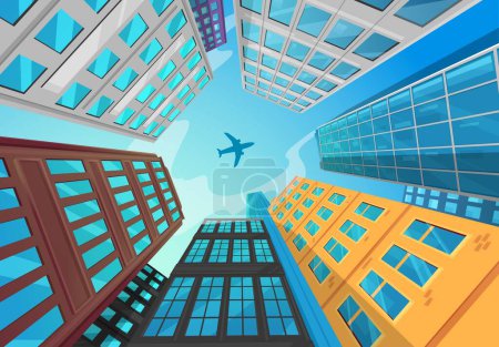 Illustration for Silhouette of airplane flying above city office buildings. Vector plane over skyscrapers low angle view against blue sky reflects in glass windows of city towers. Upwards highrise urban architecture - Royalty Free Image