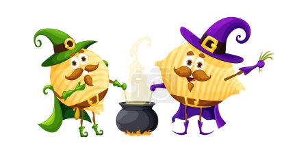 Illustration for Cartoon Halloween italian pasta wizard characters. Isolated vector conchiglie macaroni personages dressed in witch costumes, casting spells and stirring up cauldron with magical potion or brew - Royalty Free Image