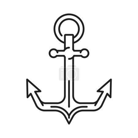 Illustration for Marine ship or vessel anchor outline icon or sign. Naval ship or sailing yacht hook symbol, Navy vessel heavy equipment or yachting club boat metal anchor, nautical and sea travel line vector sign - Royalty Free Image