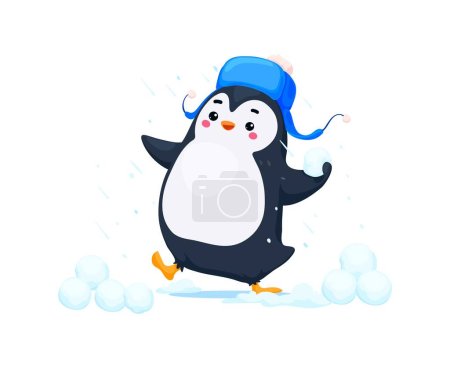 Téléchargez les illustrations : Cartoon mignon personnage drôle de pingouin portant des rabats d'oreille chapeau, s'amuser à lancer des boules de neige. Vecteur ludique, et amusant personnage de bébé oiseau jouant bataille de neige apportant de la joie dans le pays des merveilles d'hiver - en licence libre de droit
