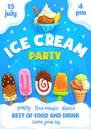 Illustration for Ice cream kids party flyer with sundae, icecream stick and cone, vanilla and chocolate, vector background. Kindergarten birthday party poster or invitation flyer with sweet frozen dessert of ice cream - Royalty Free Image