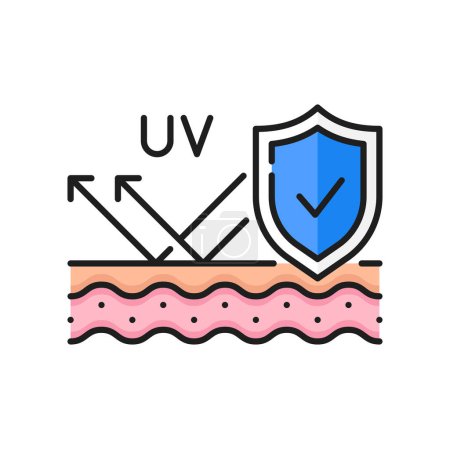 Illustration for Sunscreen, UV rays protection skin care line icon. Sunburn treatment, ultraviolet sunlight screen cosmetics, dermatology product outline vector sign, icon or pictogram with skin epidermis layer - Royalty Free Image