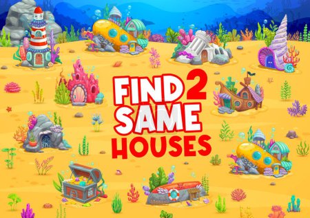 Illustration for Find two same underwater house buildings on sea fairytale landscape, vector quiz game for kids. Ocean cartoon dwellings in sunken bathyscaphe, seashell and boat in undersea find and match puzzle game - Royalty Free Image