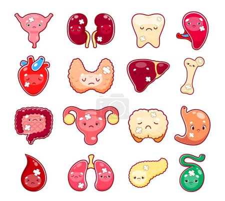 Illustration for Cartoon sick body organ characters. Injured and unhealthy bladder, kidney, tooth, heart and thyroid, liver, bone, intestine and uterus, stomach, blood, drop, lungs isolated vector organs personages - Royalty Free Image
